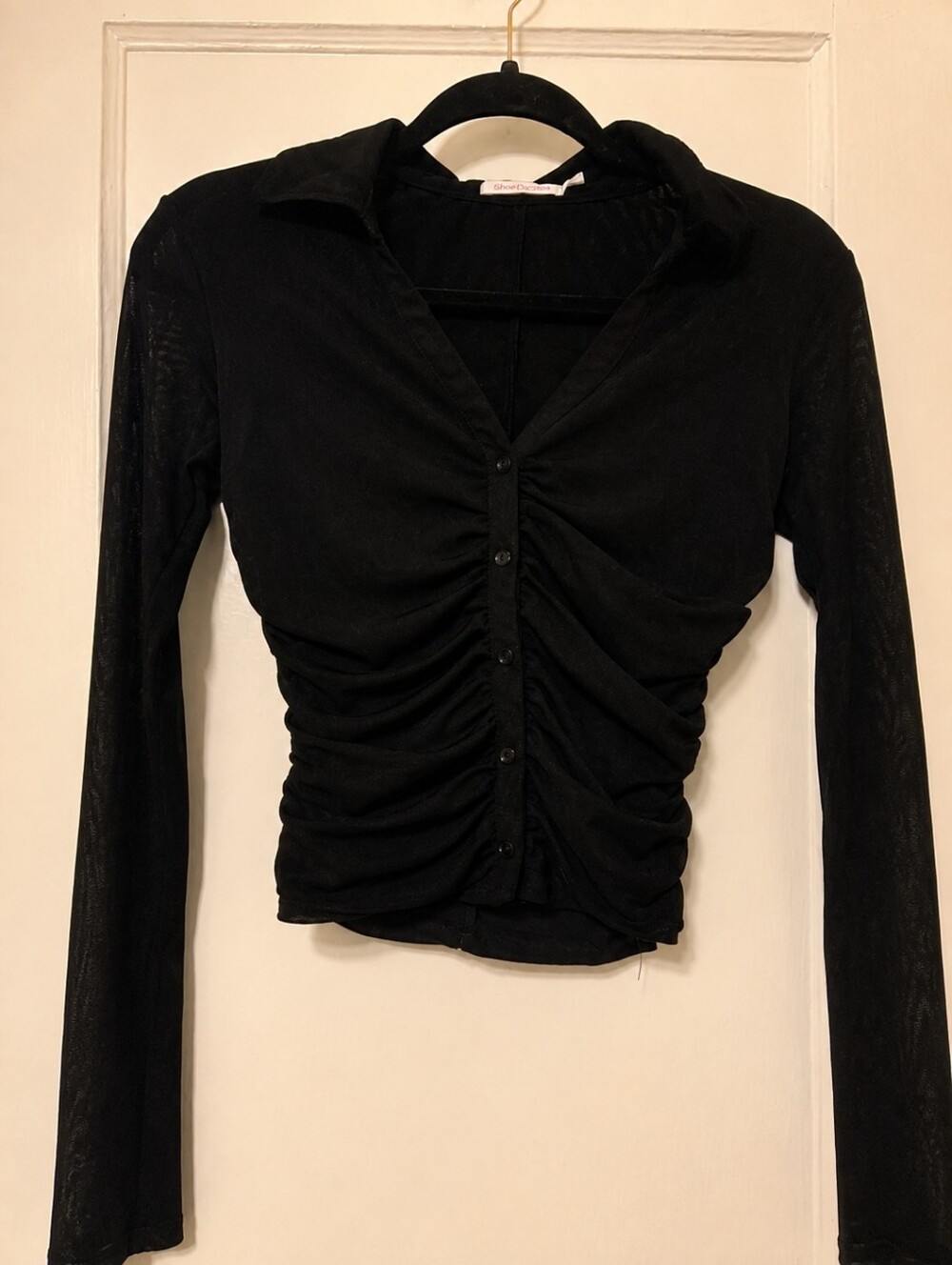 Black Ruched Long-Sleeve Mesh Top
